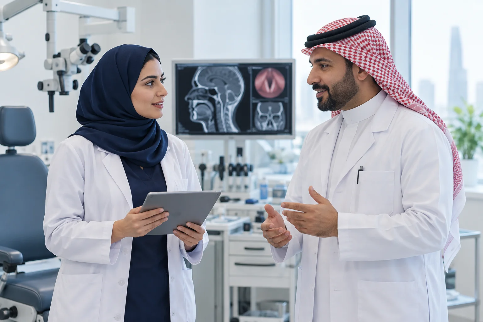 أطباء يتبادلون المعرفة في بيئة طبية